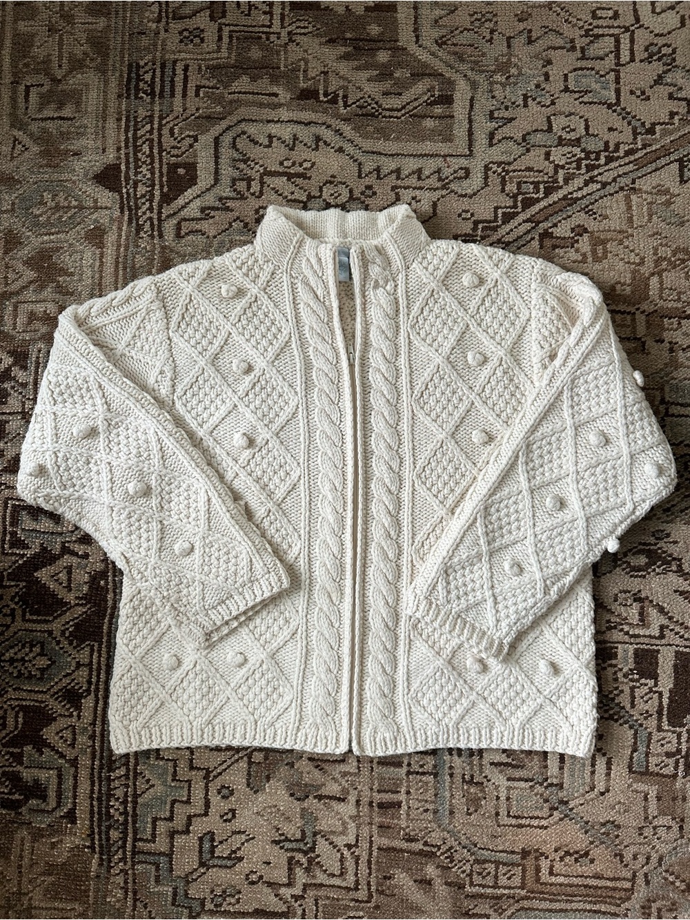 Hand Knit Chunky Cable-Knit 100% Wool Cream Zip-Up Fisherman Sweater XL